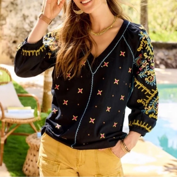 Sundance Tops - Sundance Cotton Embroidered Blouse Puff Sleeve V Neck Black Size Large BNWT